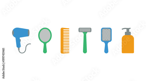 Set of colorful personal care and grooming accessory icons.
