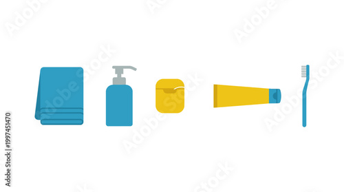 Set of bathroom and personal hygiene accessories including towel soap and toothbrush.