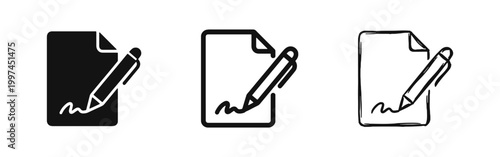 Document Signature with Pen Icon Set - Legal Contract and Agreement Concept