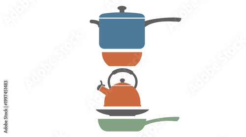 Stack of colorful kitchen cookware and tea kettle.