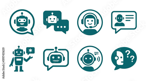 Collection of chatbot and customer service icons depicting various communication styles and interactions