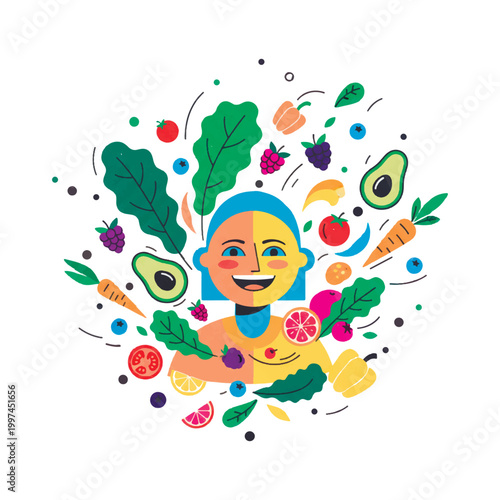 A happy character surrounded by a swirl of fresh vegetables and fruits. Vibrant flat vector illustration representing the joy of a healthy diet, weight loss, and organic nutrition.