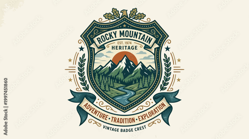 Obraz premium Vintage badge crest design featuring Rocky Mountain landscape with river, trees, and mountains