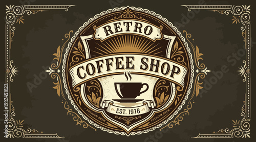 Vintage coffee shop logo featuring a steaming cup, ornate border, and retro design elements