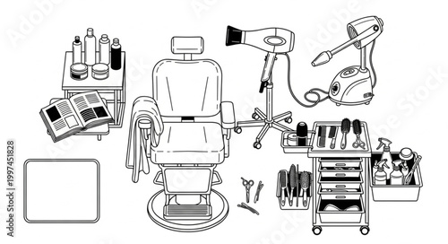 Barbershop Equipment Illustration with Chair and Tools.