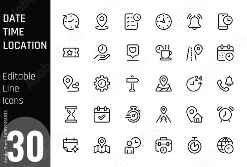 Date, Time, Location and Address Line Icons Set. Editable Stroke Navigation, Scheduling and Reminder Symbols. Calendar, Clock, Map Pin UI Icon Pack