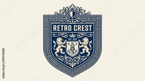 Vintage emblem featuring a detailed crest with lions, ornate borders, and establishment year 1974