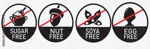 Dietary Allergen Food Label Icon Set: Sugar Free, Nut Free, Soya Free, and Egg Free Warning Symbols | Professional Product Packaging Stickers and Healthy Menu Infographic Vector Signage Kit