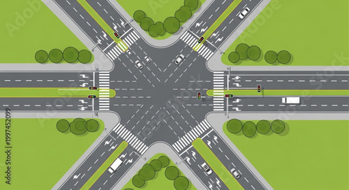 Aerial View of Busy Traffic Intersection with Cars and Trucks.