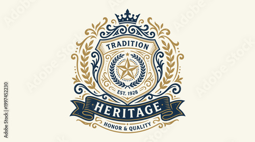 Vintage badge design featuring ornate elements, a star, and the words tradition and heritage