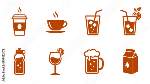 Various beverage icons featuring hot and cold drinks, showcasing a diverse selection for menus