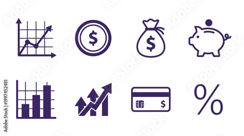 Financial growth symbols including graphs, money bags, and saving piggy bank icons