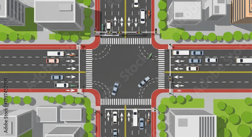 Busy City Intersection from Above with Traffic and Buildings.