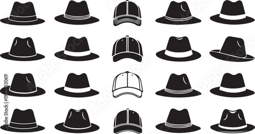 Men's Hat and Baseball Cap Silhouette Set for Fashion and Accessory Design