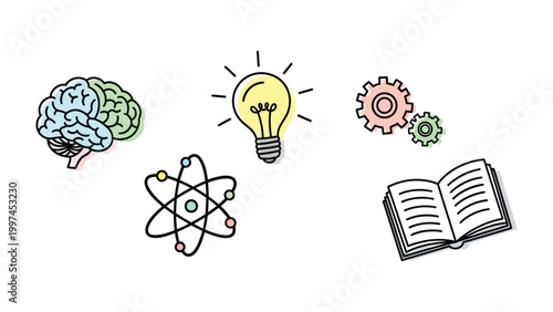 Concept of Knowledge: Artistic rendering of brain, light bulb, gears, atom, and open book, symbolizing concepts of knowledge, innovation, and learning.