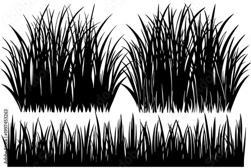 Black silhouette vector graphic illustration of dense green grass clumps and individual blades in a stylized natural design