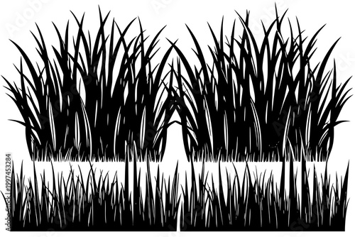 A vector graphic illustration design featuring silhouettes of lush grass and vegetation in various densities and arrangements.