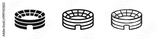 Stadium arena and sports complex icons set in solid outline and hand drawn styles