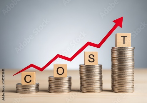 Increasing costs concept with stacked coins and rising red arrow graph on wooden blocks