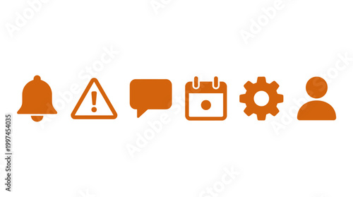 Set of simple orange icons representing notifications, alerts, communication, and settings