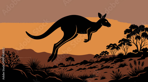 Kangaroo in mid jump motion silhouette.