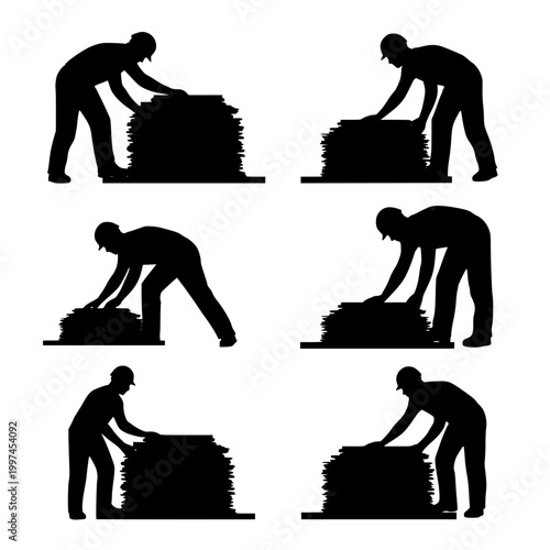Set of Silhouettes of Construction Workers Performing Manual Labor