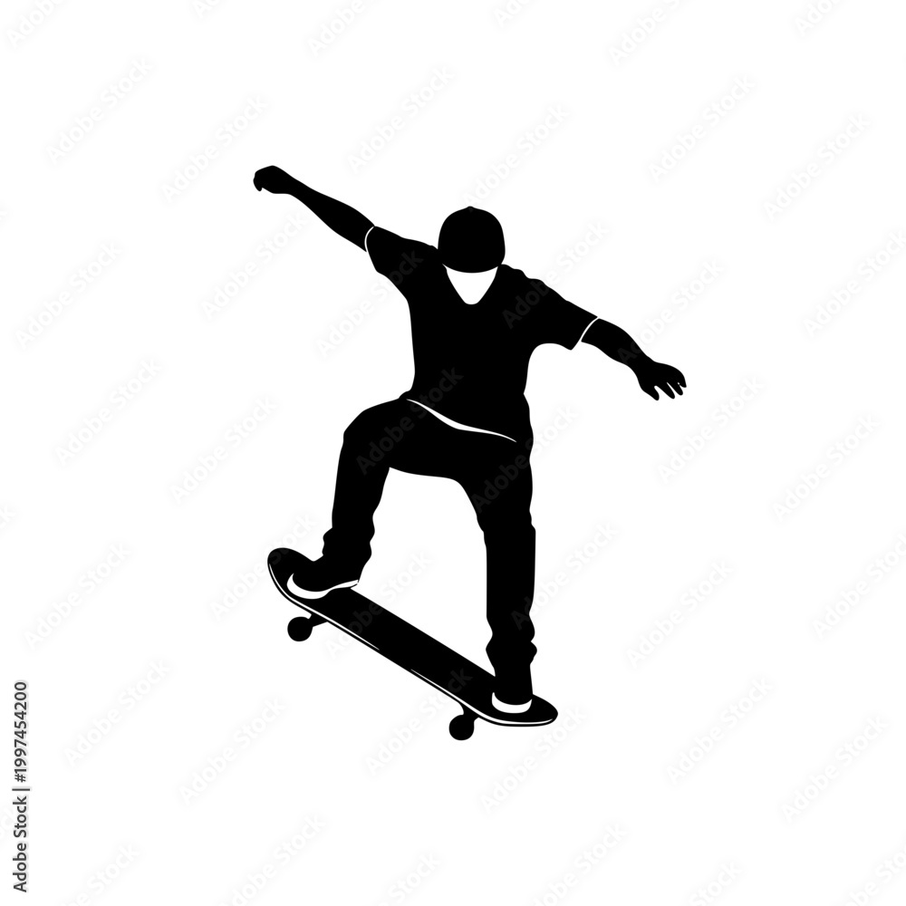 Fototapeta premium Silhouette of a skateboarder performing a jump trick on a skateboard isolated on white