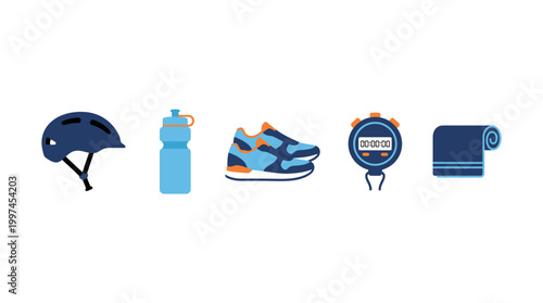 Set of flat fitness and sports equipment icons including helmet bottle shoe stopwatch and towel.
