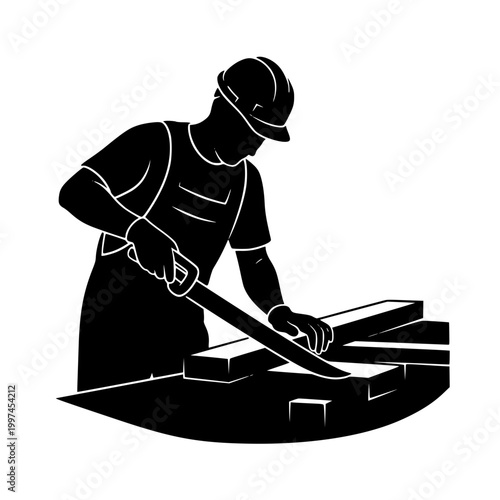 Silhouette of Construction Worker Carpenter Sawing Wood with Hand Saw