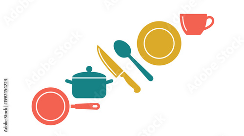 Minimalist vector illustration of various kitchen utensils and cooking equipment arranged in a diagonal pattern.
