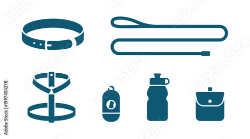 Set of pet accessories icons including collar leash harness and water bottle.