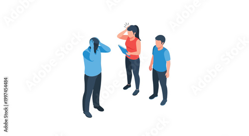 Isometric illustration of three people expressing frustration and stress.