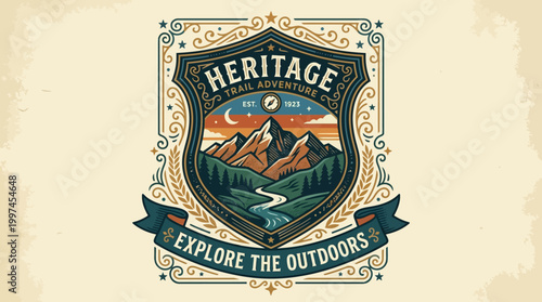Vintage-inspired badge showcasing mountains, river, and sunset, promoting outdoor adventure and exploration