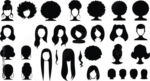 Vector Black Hair Icon Set Design for Beauty Salon Branding, Hair Style Illustration, and Modern Fashion Creative Projects
