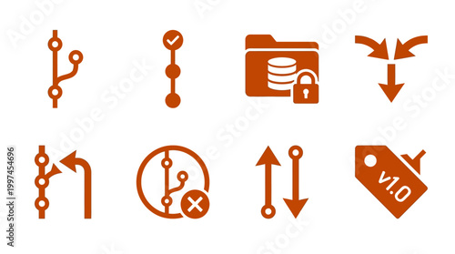 Collection of orange vector icons representing various data management and process flow concepts