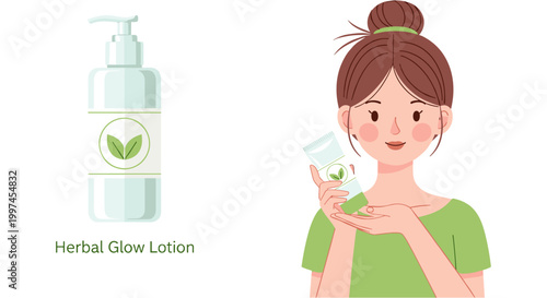 Woman applying natural herbal glow lotion in soft warm lighting for skincare advertising