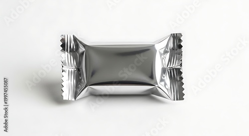 Shiny silver foil wrapped rectangular candy bar on a plain background.