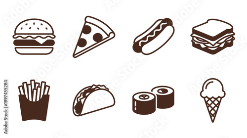 A variety of delicious fast food items including burgers, pizza, hot dogs, and ice cream on a white background