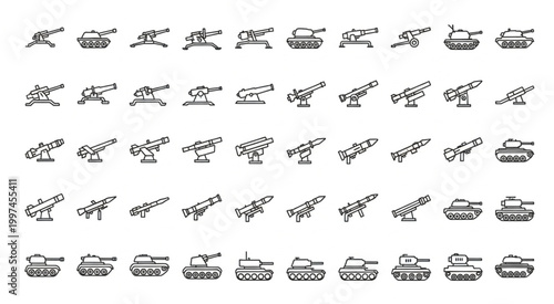 Collection of various military vehicles and artillery weapons in a line art style.