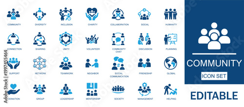 Community and social diversity icon set. Includes volunteer work, charity donation, support, trust, unity, and human inclusion elements. Solid  vector design collection.