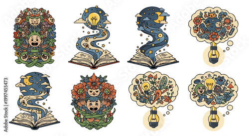 Illustrated book art with whimsical characters and surreal elements