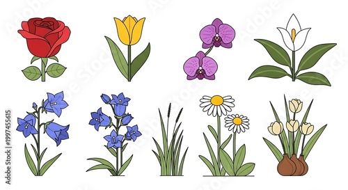 Flower and grass flat icon set with various garden blooms