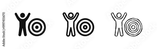 Success and goal achievement icons with person celebrating next to target