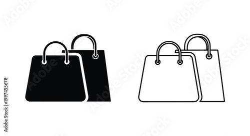 Professional vector illustration set of two shopping bag icons featuring solid black fill style and a minimalist outline design for modern commercial retail website projects