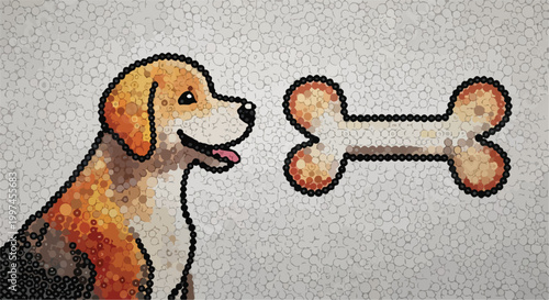 Mosaic dog illustration with bone, pixelated beagle puppy profile, textured pet art vector, cute animal character for veterinary and pet shop branding
