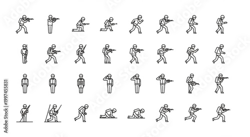 Collection of various soldier illustrations in different action poses for design.