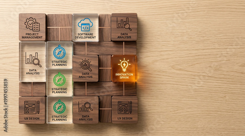 Innovation spark concept with wooden blocks showing project management, software development, data analysis, strategic planning, and UX design, symbolizing teamwork and creativity