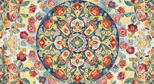 Vintage floral mandala vector pattern, intricate bohemian flower kaleidoscope background, antique botanical tapestry design with roses and leaves