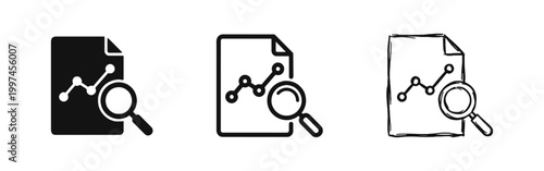 Data research and financial document analysis icon with graph and magnifying glass