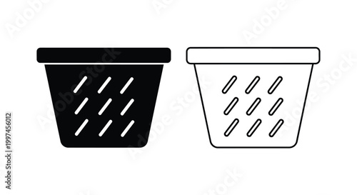 Set of two laundry basket icons depicted as a solid black graphic and a clean outline vector design for household chores and clothing storage project work